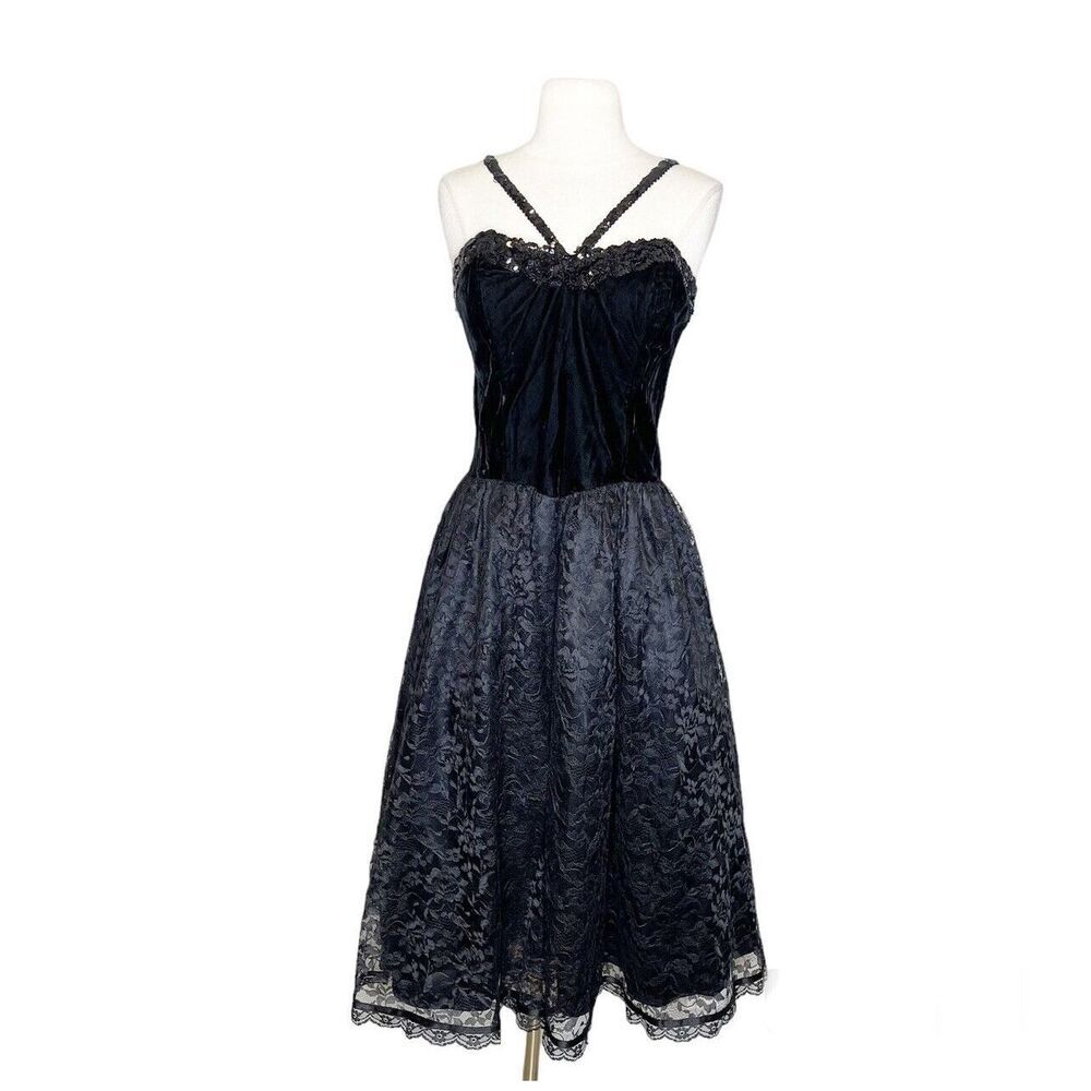 Vintage 80s S/M Black Velvet Lace Formal Dress Sequin Halter Tulle Midi Prom